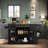 Fluted Rolling Kitchen Island With Trash Can Storage Cabinet, Power Outlet, Internal Storage Rack, 3 Drawers, 3 Open Side Racks