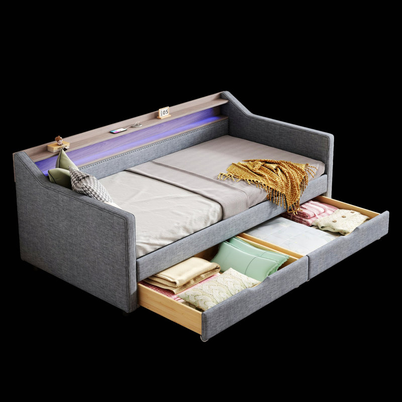Daybed With 2 Storage Drawers And 2-Tier Shelf, Upholstered Bed Frame With Smart LED Light And USB, Type-C Port