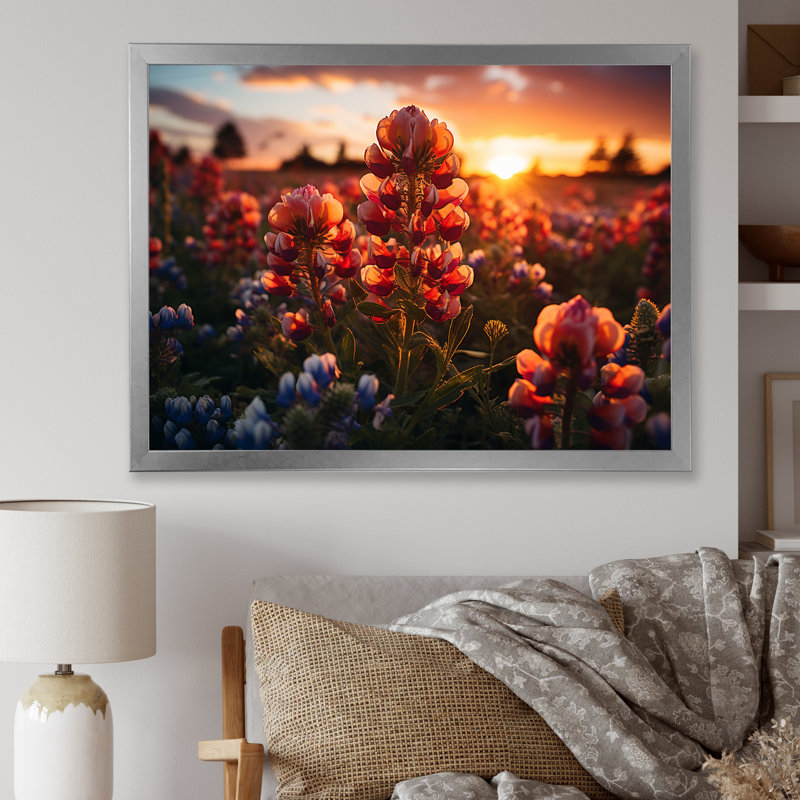 «Red Bonnets Field With Orange Sunset - Blue Bonnets», reproduction d'art sur toile FDP107240, H 34 po x l 44 po x P 1,5 po