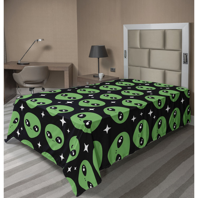 Ambesonne Alien Top Flat Sheet Stars Extraterrestrial Faces Full Green Charcoal Grey, Twin Flat Sheet