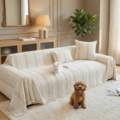 Housse de canapé beige rayée antidérapante pour animal de compagnie, 71 x 102 po, lavable, qui convient aux canapés modulaires et à deux places, protège efficacement les meubles.