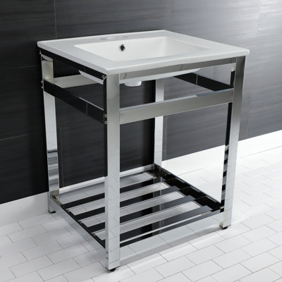 Kingston Brass Quadras 25-Inch Ceramic Console Sink with Stainless Steel Base and Shelf