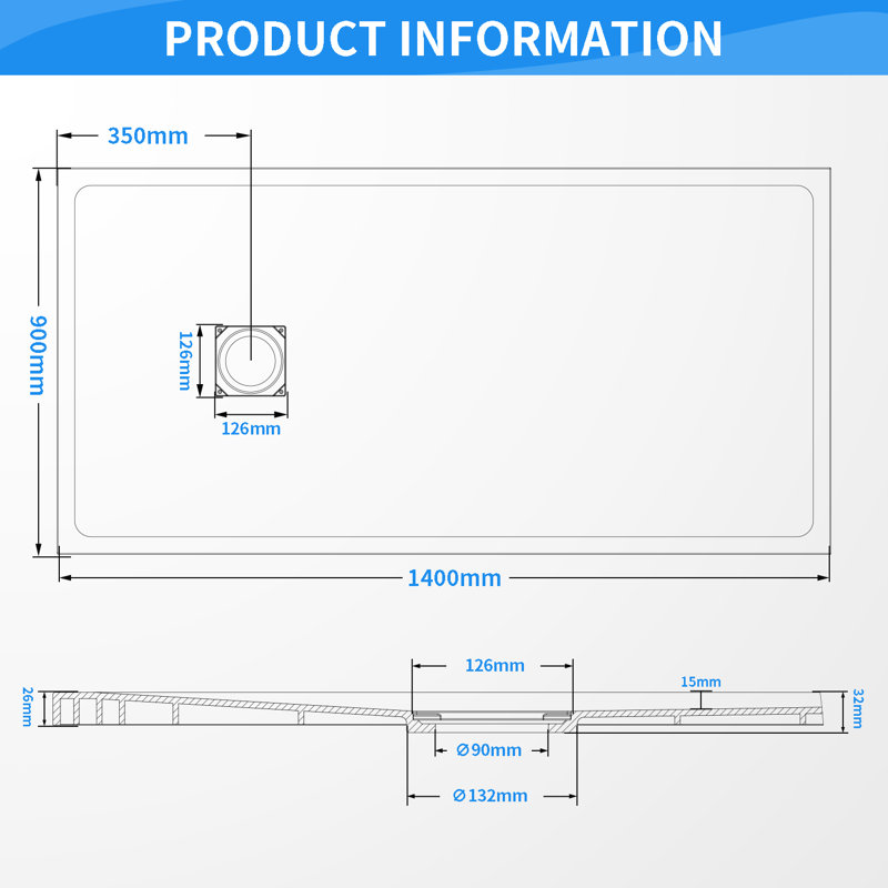 Slip-Resistance 32mm H Rectangular Black Shower Tray, 3.2cm H x 90cm W x 140cm D