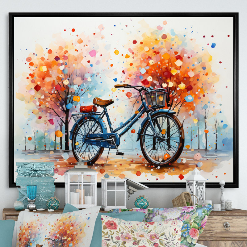 Bicycle Harmonious Pedals Pointillism IV - Transportation Wall Art Prints, H 16 po x l 32 po x P 1 po, Cadre flottant noir