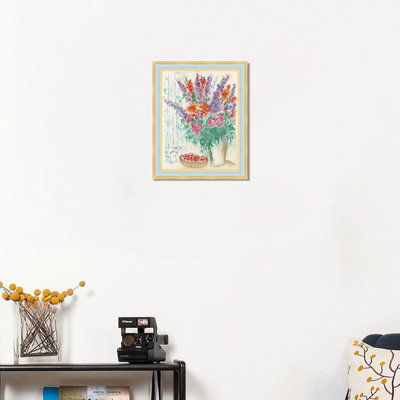 "Bouquet de fleurs encadrées avec panier de fraises" par Marc Chagall, impression giclée surréalisme romantique onirique, peinture moderne, décoration intérieure (chêne blanc et gris minéral, 16 po x 20 po)