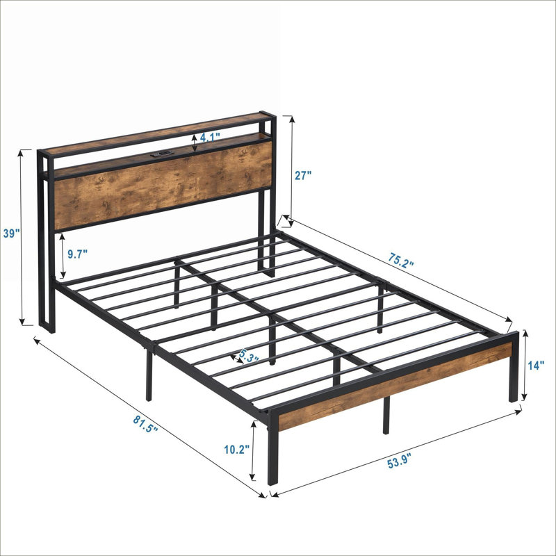 Lit plateforme moderne en métal noir avec lumières DEL et tête de lit en bois avec rangement sous le lit pour chambre à coucher