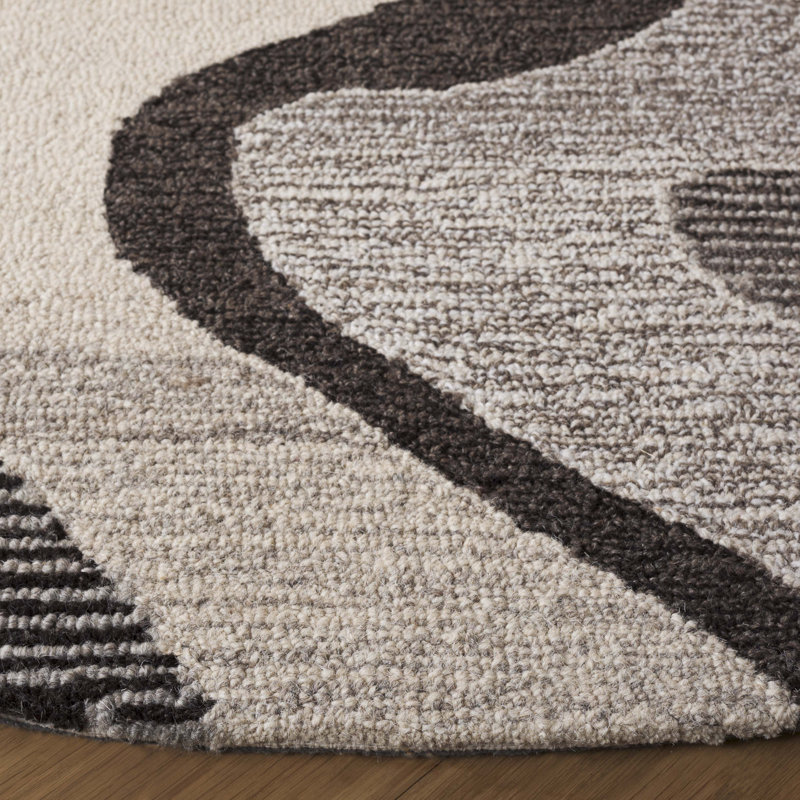Natajah Ebony Hand Tufted Wool Cotton Abstract Rug in Grey/Ivory, Round 6'