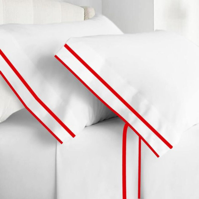 400TC Embroidery & Border Cotton 4 Piece Sheet Set Fitted Sheet Fits Upto 16" Deep Pocket, Red