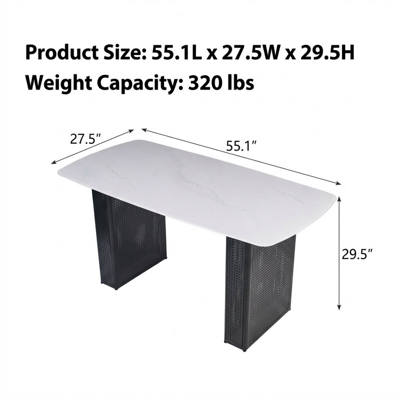 Table de salle à manger rectangulaire moderne en verre trempé avec base en métal à double piédestal et motif en marbre