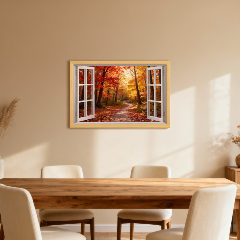 Paysage et nature, forêt d'automne à travers une fenêtre ouverte, H 24 po x l 16 po, Toile tendue, Ne s’applique pas