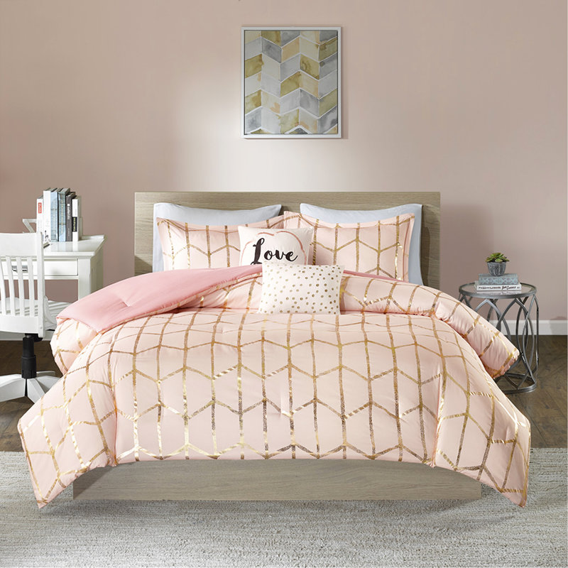 Ensemble d'édredon imprimé métallique, Or / rosé, Édredon de très grand lit et 4 pièces additionn