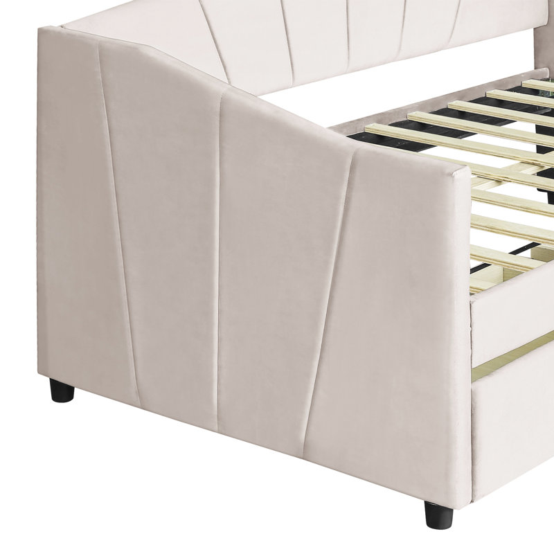 Lit de jour rembourré avec deux tiroirs en beige - Créez une atmosphère douillette pour votre maison et la stabilité de la base en lattes de bois