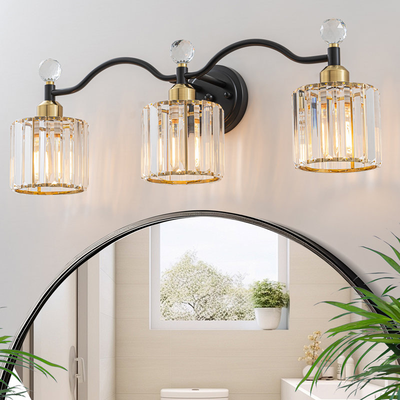 Éclairage pour salle de bain 3 lumières en verre cristal, Noir mat / Or