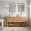 Meuble-lavabo 60 po, lavabo autoportant en contreplaqué avec 4 portes en bambou texturé et tablette ouverte, 2 lavabos en céramique à motif marbré et plateau en pierre frittée blanc de Carrare, couleur grain de bois
