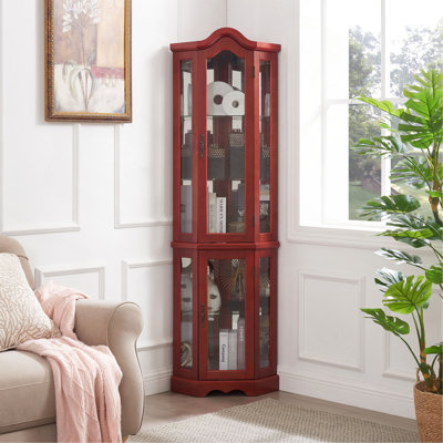 Vitrine de coin lumineuse avec portes et tablettes en verre trempé - Vitrine élégante en cerisier avec ampoule pour le décor du salon et de la chambre à coucher - Cerisier
