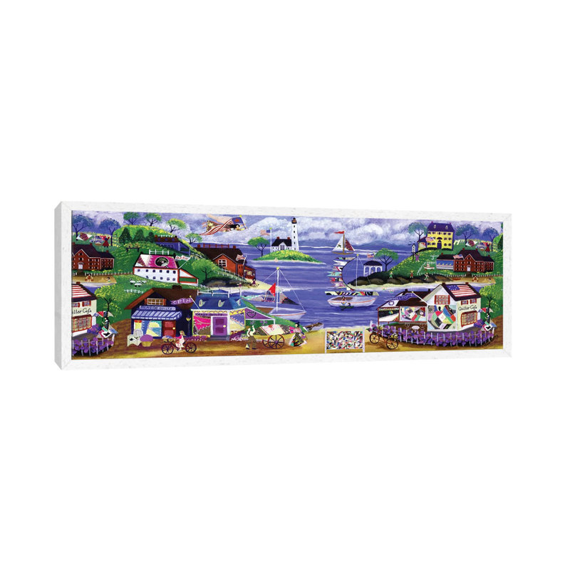 Primitive American Angel And Crazy Quilt Seaside Village by Cheryl Bartley - Panoramic Painting on Canvas, White Framed