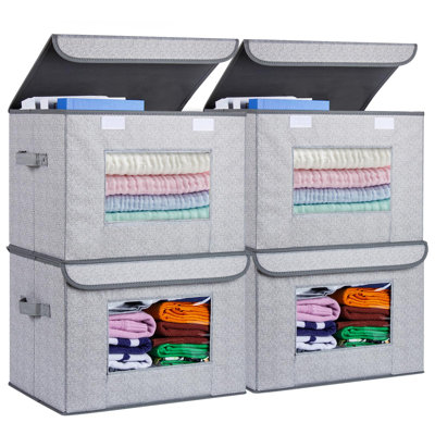 Grey Fabric Storage Boxes - Stackable, Collapsible, Huge Capacity With See-Through Window