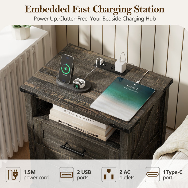 Table de chevet 3 tiroirs Farmhouse avec station de charge et lumière à DEL activée par le mouvement, Noir, Individuel