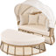 Lit de jour rond pour terrasse avec coussins confortables et auvent réglable, meubles pour porche de jardin, beige, toutes saisons, peut être divisé en 2 chaises