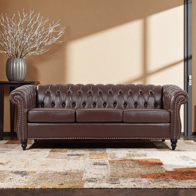 84.65" Rolled Arm Chesterfield 3-Seater Sofa – Vibrant Orange PU Leather, Deep Button Tufting, Pocket Spring Cushions, Solid Wood Legs, Classic English Design for Living Room