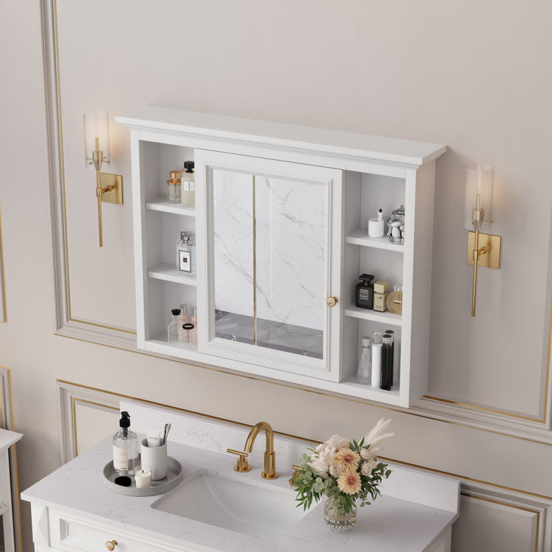 Armoire à pharmacie avec cadre en bois massif avec miroir et tablettes en bois l 24 po x H 30 po, Coulissante double, Gauche