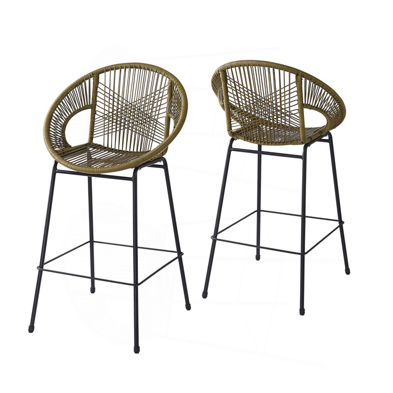 Ferrara Outdoor Patio Green Faux Wicker Barstool, Set Of 2, Brown