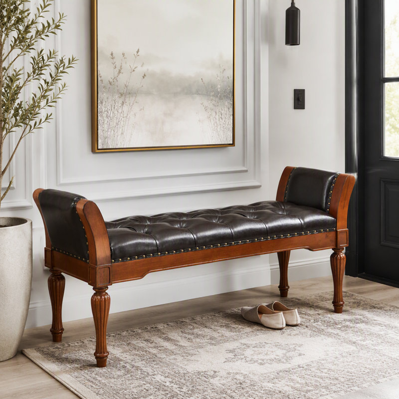 Banc de repose-pieds 54 po en similicuir capitonné à boutons, banc de bout rembourré rétro avec coussin moelleux, structure en bois massif