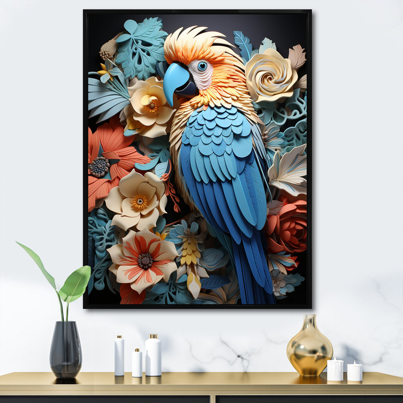 Perroquet jaune et bleu paradis II, Cadre flottant noir, H 32 po x l 16 po x P 1 po