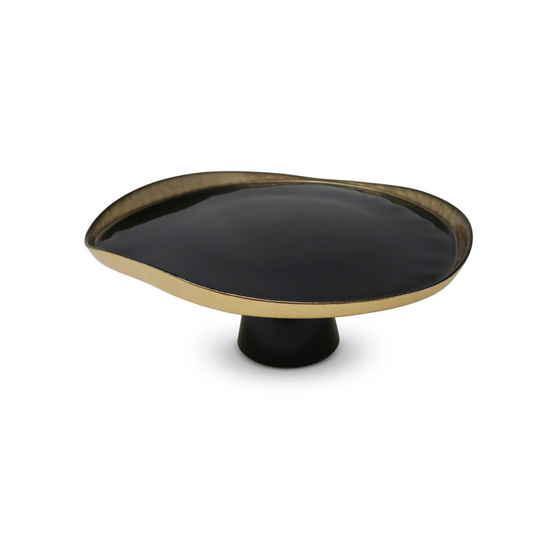 Organic Shaped Cake Plate with Gold Detail, 12.5" W x 6" H x 12.5" D, Black/Gold