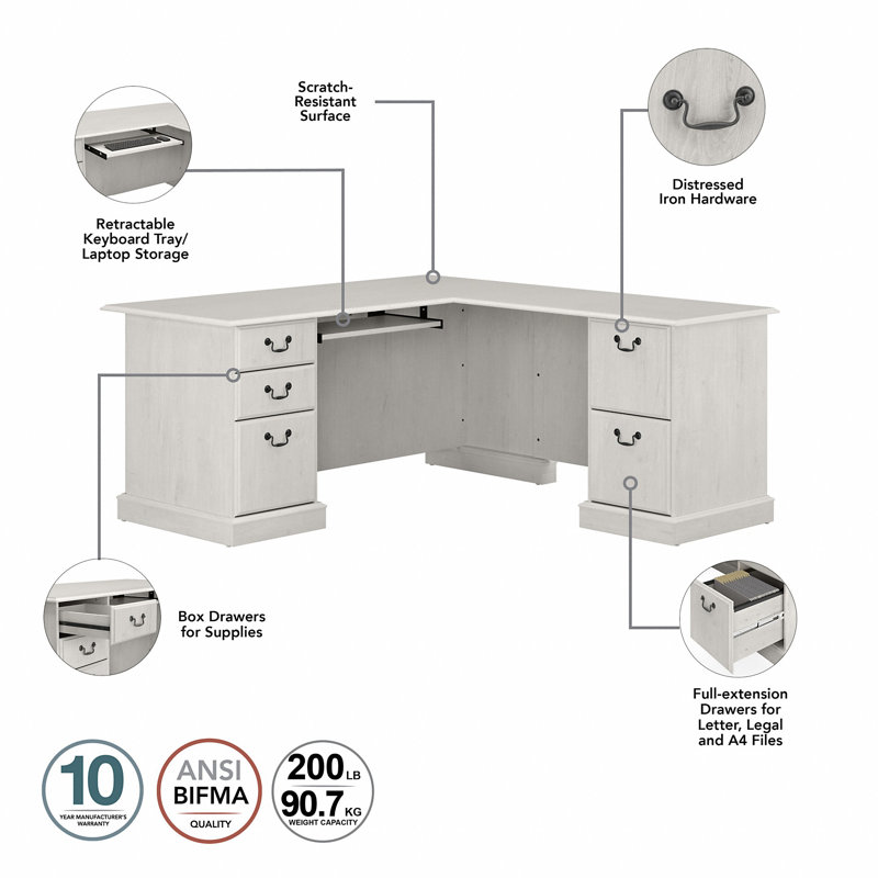 Raker Reversible L-Shape Computer Desk with Drawers, Linen White Oak