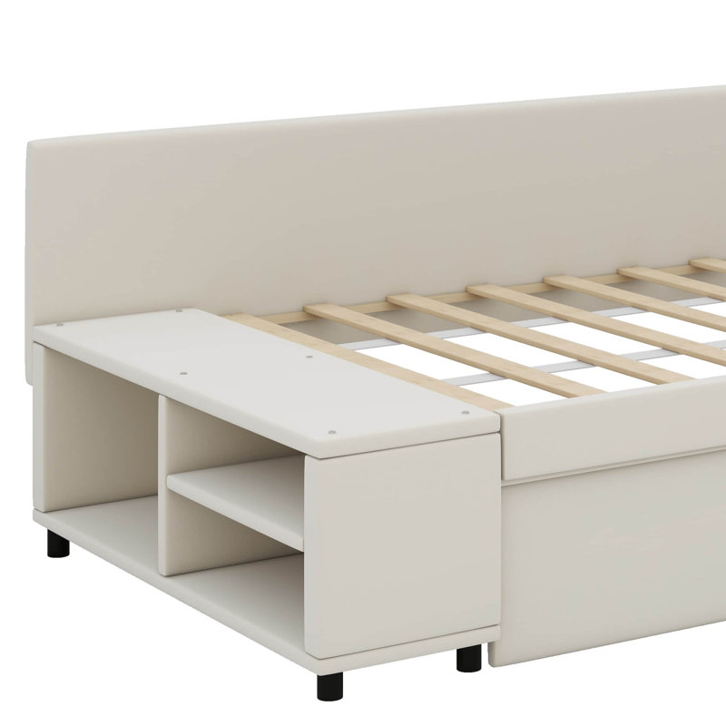 L-Shaped Upholstered Twin Platform Bed With Built-In Drawers, Beige