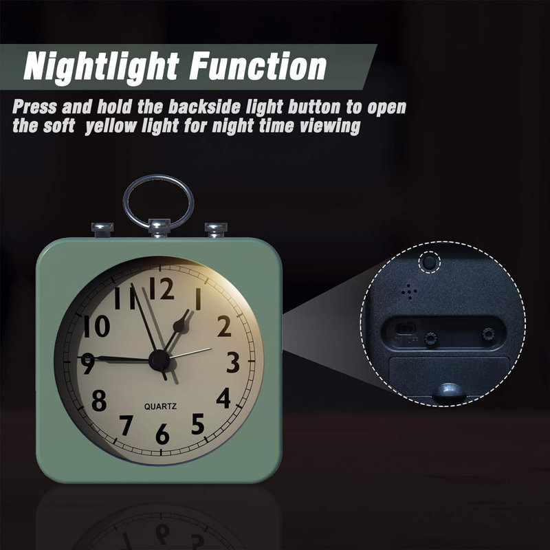 Battery Operated Alarm Clock With Square Metal Case,No Ticking Analogue Quartz, Simple Operation For Bedroom/Travel/Desk/Kids(Green)