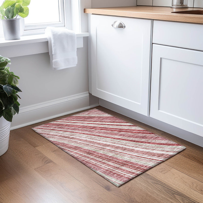Garnet Red Stripe Synthetic Washable Rectangular Rug 1'8" x 2'6"