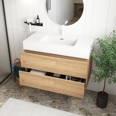 Meuble-lavabo moderne en chêne brut 36 po avec lavabo en quartz d'ingénierie blanc brillant et tiroirs doux, meuble-lavabo mural flottant