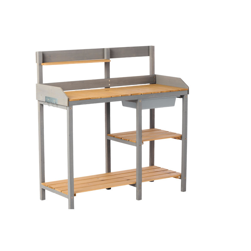Table de travail en bois pour jardin, banc de rempotage extérieur avec armoire, grande surface de travail, construction en bois, banc de couleur brune et grise, fabrication spacieuse de l'armoire, finition gris et finition
