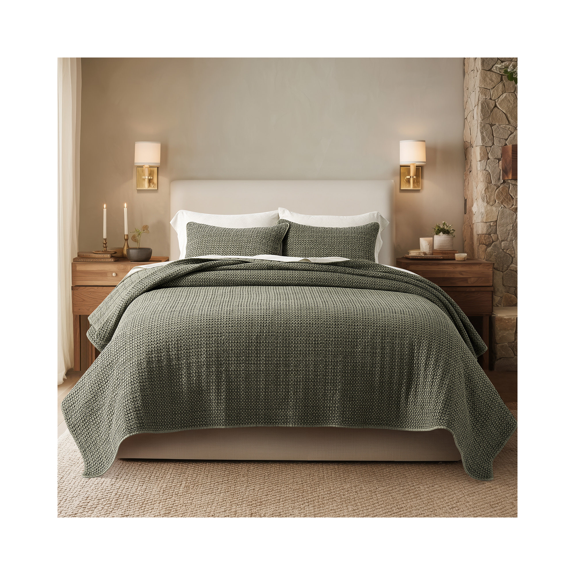 Stonewashed 100% Natural Cotton Waffle Quilt Set, King Quilt + 2 King Shams, Olive Green