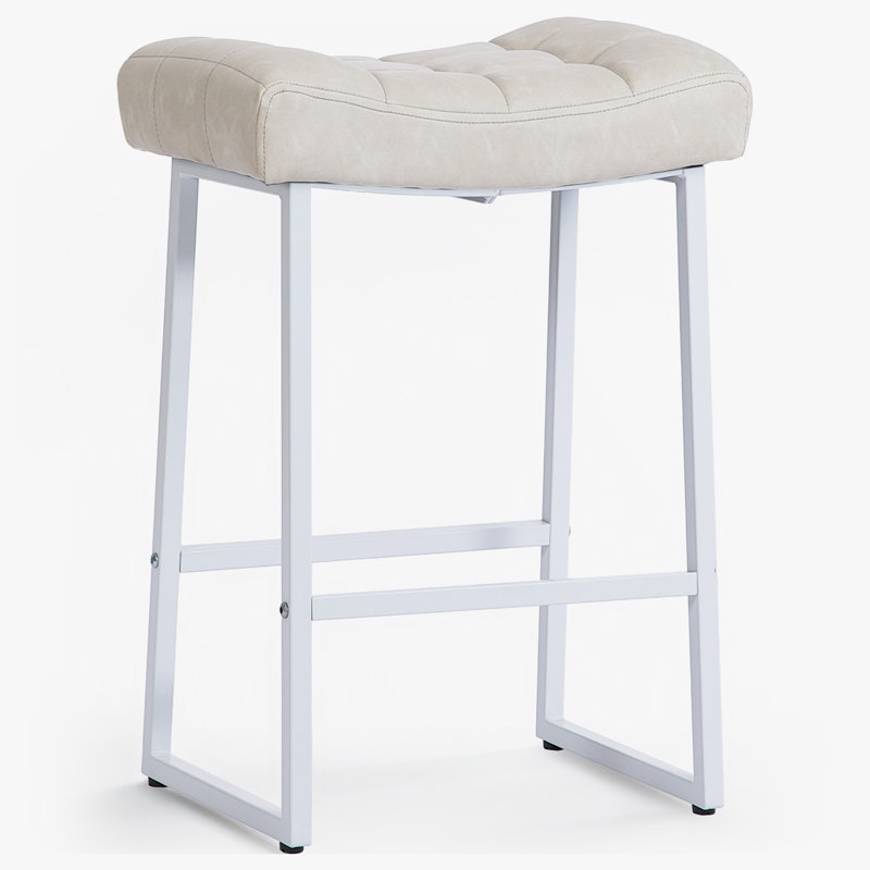 Faux Leather Wide Cushion Bar Stool, White Seat/White Frame