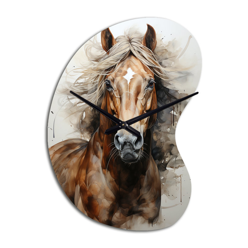 Fadak brun beige cheval Spirit of Equus - cheval horloge asymétrique en métal, forme unique horloge murale brune, Petit