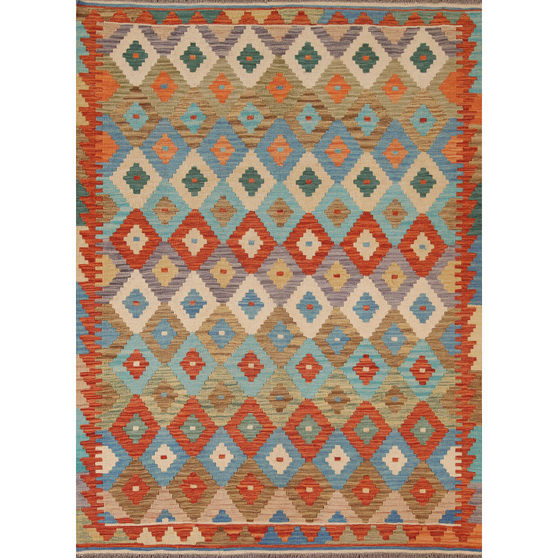 Tapis géométrique en laine Kilim 5 x 7