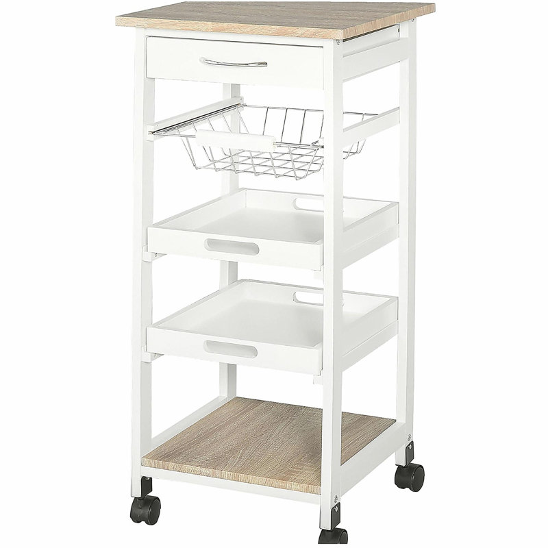 Chariot de cuisine roulant avec fonction de rangement, îlot de cuisine roulant pratique en bois avec panier à fruits, plateau et tiroir en métal, blanc