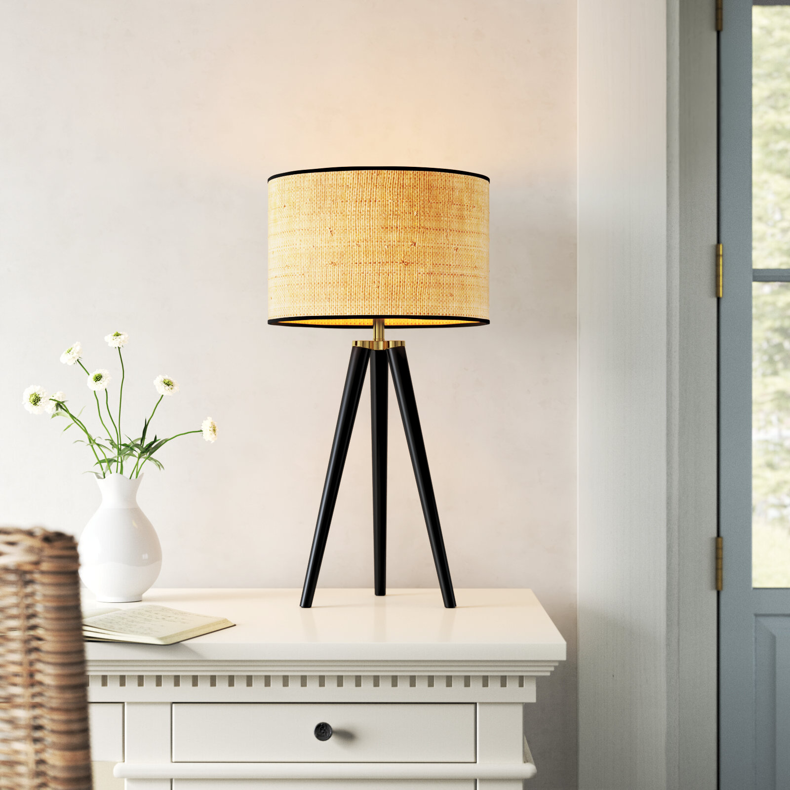 Kisa Wood Tripod Lamp, Black Wood w. Antique Brass Accents, Woven Natural Rattan Shade w. Black Trim