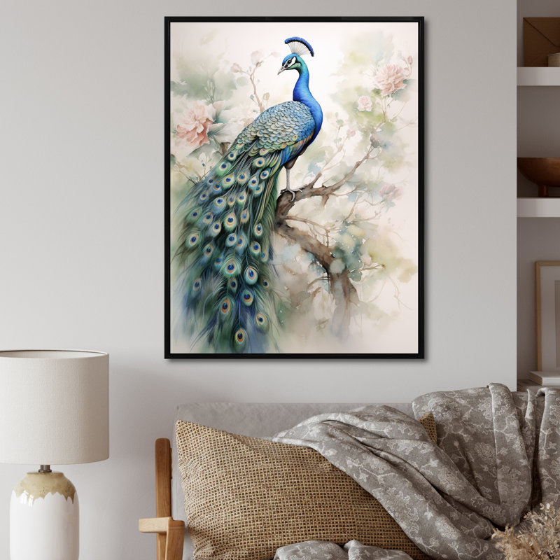 Baldassarre bleu encre délavée paon II - paon grand art mural, H 32 po x l 16 po, Cadre flottant noir