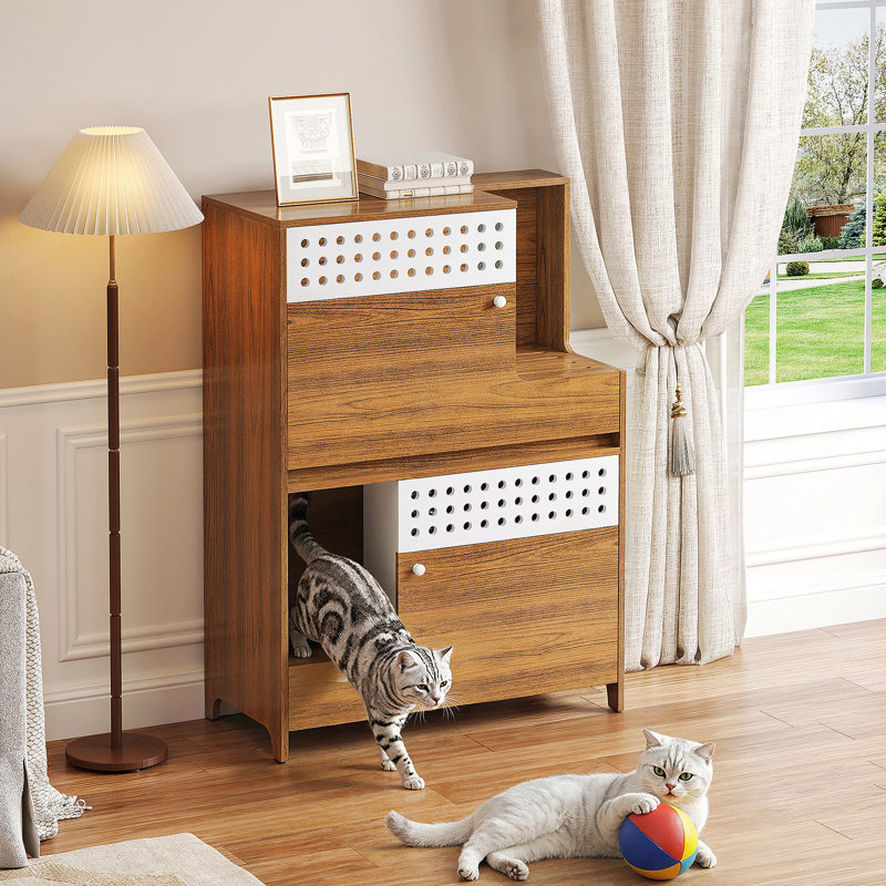 Meuble pour chat moderne 2 en 1 avec bac à litière caché et rangement pour deux chats