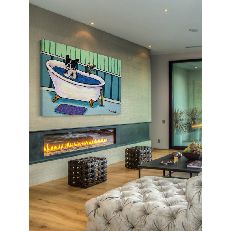 «Boston Terrier Bath» par Jay Schmetz, reproduction sur toile, H 12 po x l 18 po