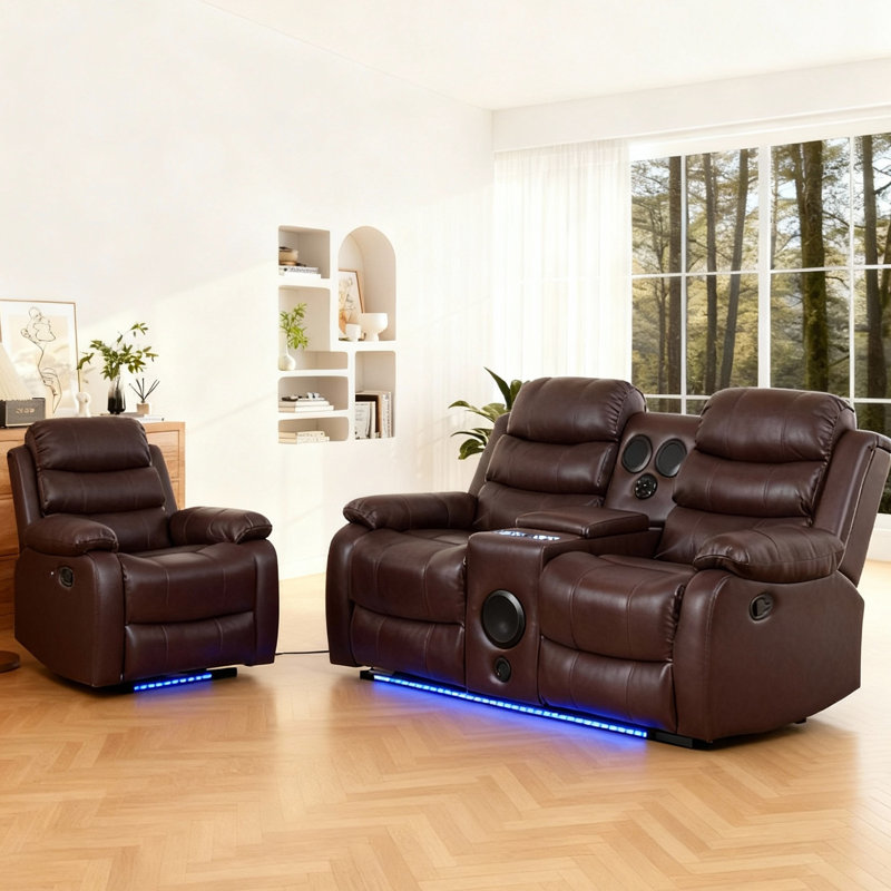 2-Piece Faux Leather Manual Reclining Living Room Set with a Manual Recliner & a Loveseat, Brown