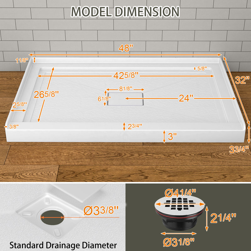 48" W × 32" D Acrylic Shower Base Single Threshold for Alcove Installation with Rectangular Drain Cover