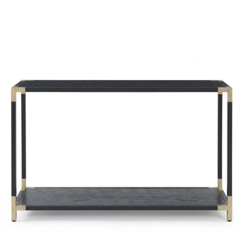 Sereia 48 In. Black Rectangular Wood Console Table With Gold Corner Accents And Shelf