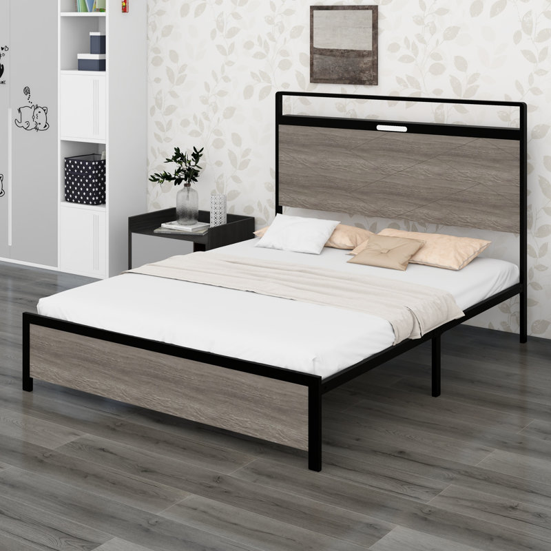 Tête de lit plateforme avec rangement en bois et lumière DEL avec 2 ports USB