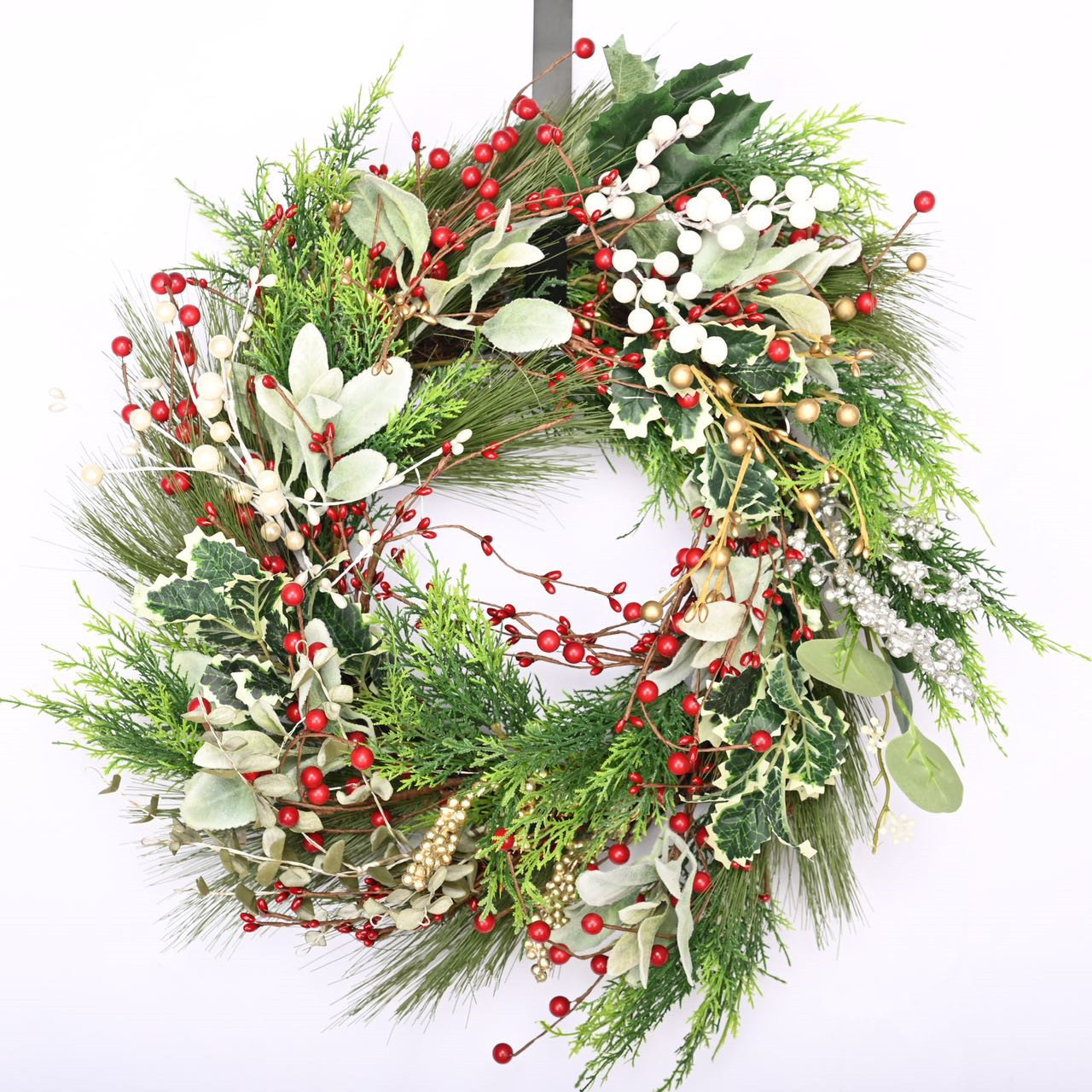  Huashen 24 Inch Winter Front Door Wreath Winter Berry Wreath  Metallic Effect Pearl White & Silver Berry Christmas Wreaths for Front Door  Wall Window Hanging Christmas Decoration Home Décor : Home