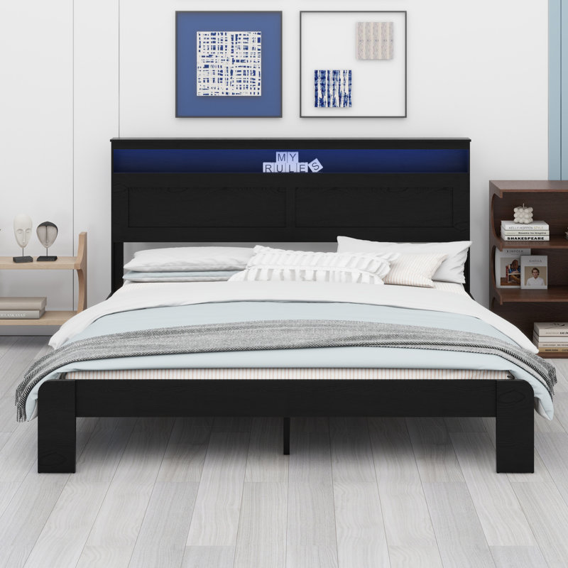 Structure de lit plateforme en bois avec tête de lit à DEL avec rangement et 2 USB, grand rangement sous le lit, Noir foncé